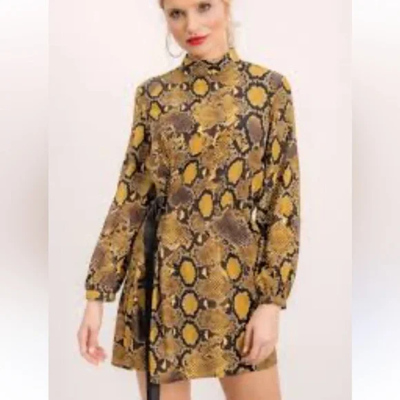 ZARA SNAKESKIN ANIMAL PRINT LONG SLEEVE BELTED BLACK BROWN YELLOW DRESS SZ XS - Picture 1 of 16